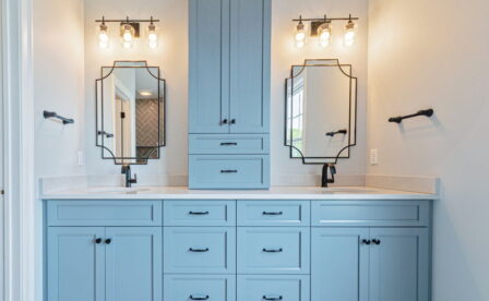 The Orchards, East Lyme, New Construction, New homes, Custom, By Carrier, Custom Blue Vanity, Moen Faucet, White Tile