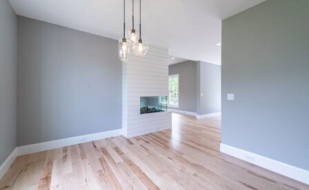 The Orchards, East Lyme, New Construction, New homes, Custom, By Carrier, Black and white backsplash, Farmhouse sink, floating shelves, double sided fireplace, ship lap fireplace, maple floors
