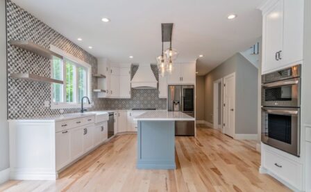 The Orchards, East Lyme, New Construction, New homes, Custom, By Carrier, Black and white backsplash, Farmhouse sink, floating shelves, Moen Faucet
