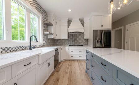The Orchards, East Lyme, New Construction, New homes, Custom, By Carrier, Black and white backsplash, Farmhouse sink, floating shelves, Moen Faucet