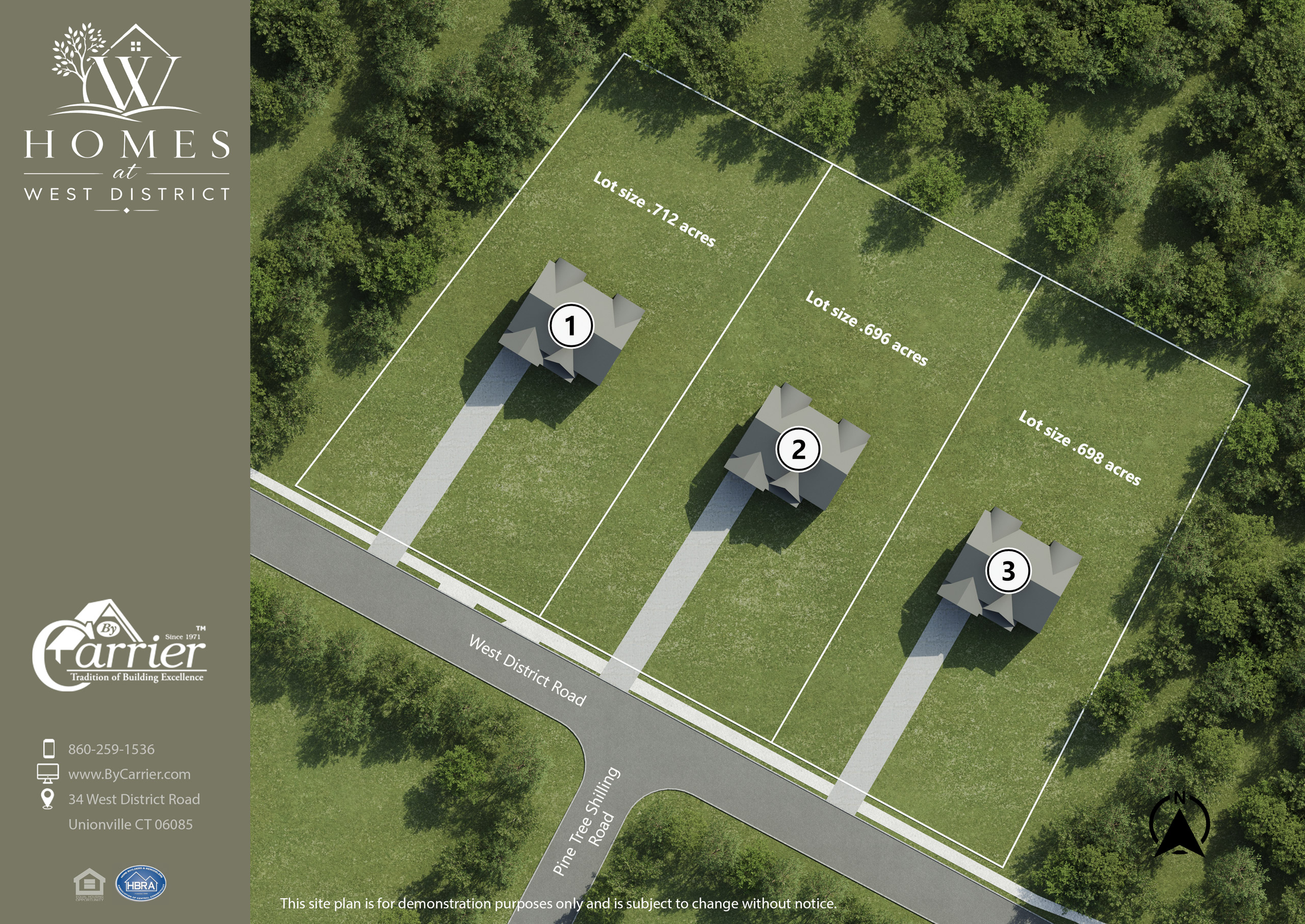 Site plan showing three numbered home lots along West District Road with acreage sizes labeled