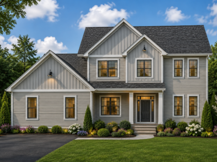Two-story gray home with white trim, dark roof, covered porch, and manicured landscaping