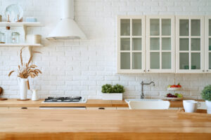 butcher block countertop in white kitchen