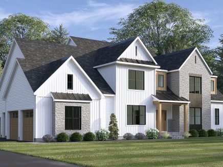 Two-story white board and batten home with stone accents, dark roof, and attached three-car garage